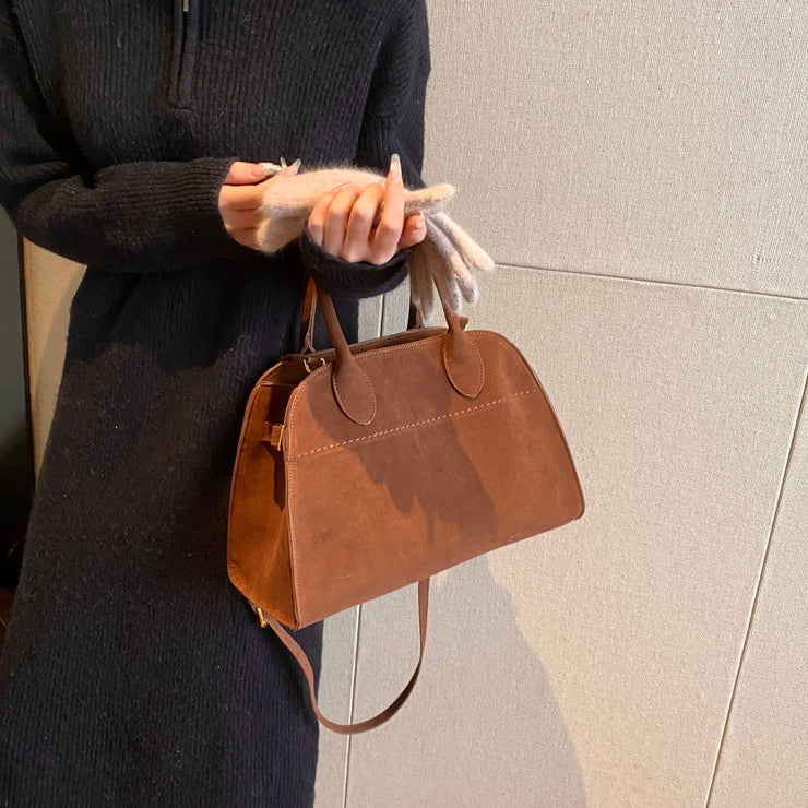 Suede Top-Handle Bag – Vintage Tan Structured Handbag